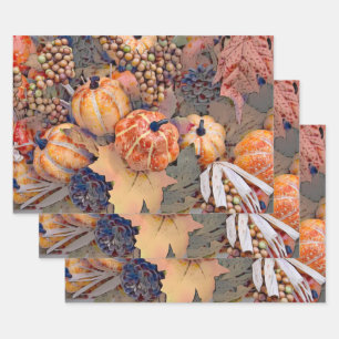Pumpkin Autumn Orange Leaves Digital Painting Wrapping Paper Sheet