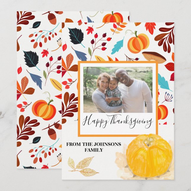 Pumpkin & Autumn Pattern Thanksgiving Photo Card (Front/Back)