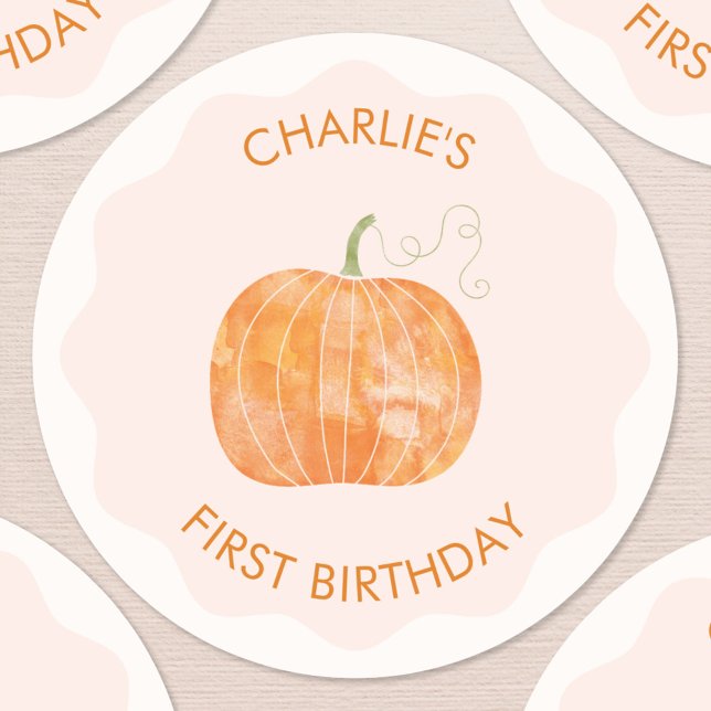 Pumpkin Autumn Personalised First 1st Birthday Classic Round Sticker (Cute watercolor pumpkin autumn fall personalized first birthday stickers)