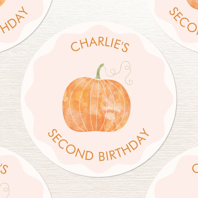 Pumpkin Autumn Personalised Second 2nd Birthday Classic Round Sticker (Second 2nd birthday pumpkin personalized sticker with custom text)