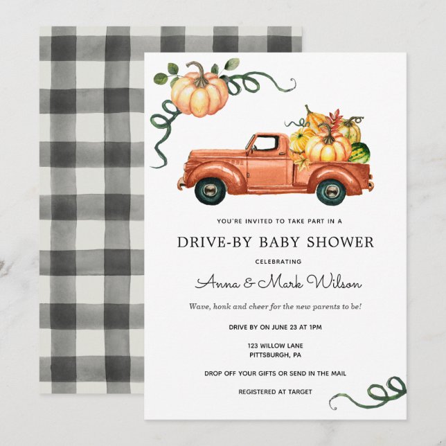 Pumpkin Autumn Truck Drive by Baby Shower Invitation (Front/Back)