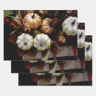 Pumpkin Autumn White Dark Brown Vintage Antique Wrapping Paper Sheet