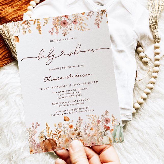 Pumpkin Autumn Wildflowers Baby Shower Invitation (Creator Uploaded)