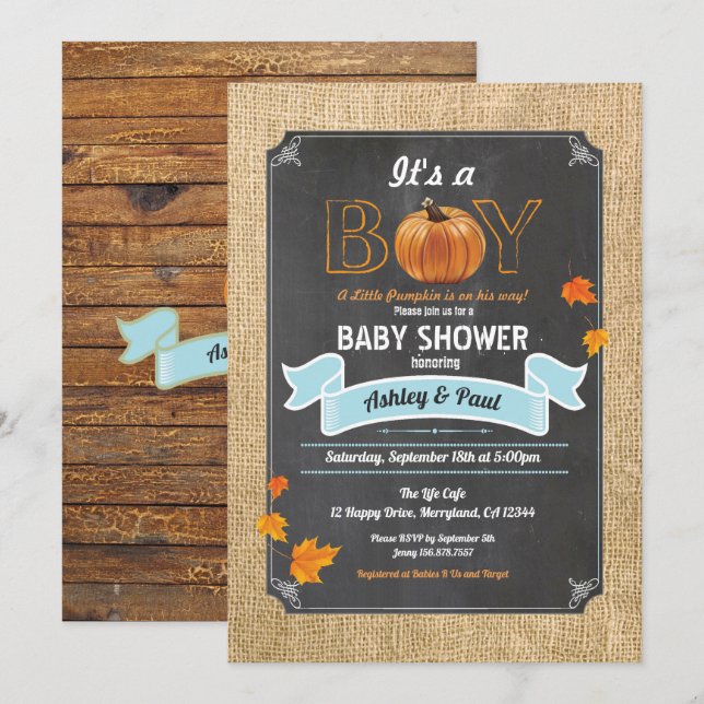 Pumpkin baby boy shower burlap wood chalk invitation (Front/Back)