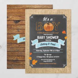 Pumpkin baby boy shower burlap wood chalk invitation