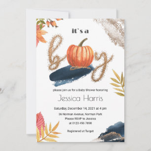 Pumpkin baby boy shower gold fall  invitation
