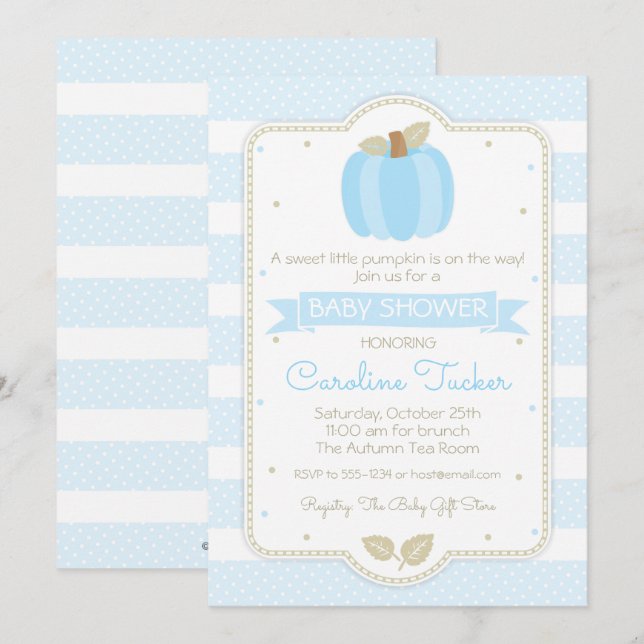 Pumpkin Baby Boy Shower Invitation - Blue Stripes (Front/Back)