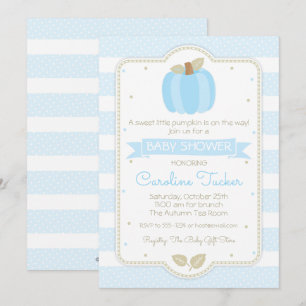 Pumpkin Baby Boy Shower Invitation - Blue Stripes