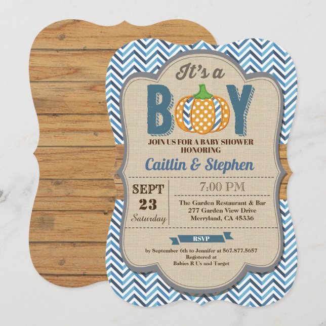 Pumpkin baby boy shower invitation rustic (Front/Back)