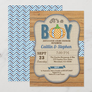 Pumpkin baby boy shower invitation wood