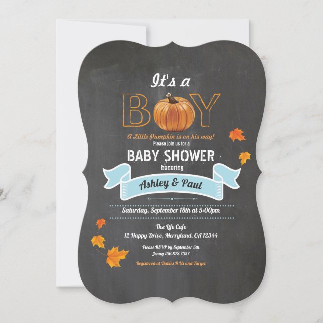 Pumpkin baby boy shower rustic wood chalkboard inv invitation (Front)