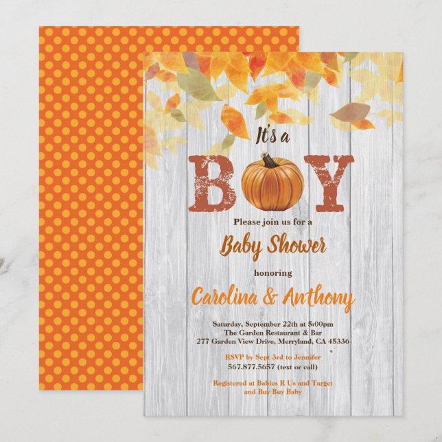 Pumpkin baby boy shower rustic wood it's a boy invitation (Front/Back)