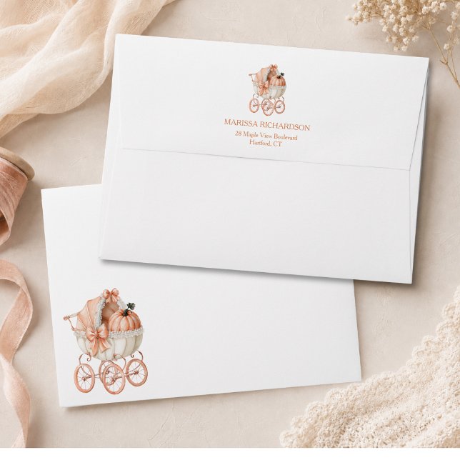 Pumpkin Baby Carriage Fall Baby Shower Envelope (cute sweet pretty coquette pumpkin baby carriage fall themed baby shower invitation envelope)