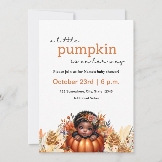 Pumpkin Baby Girl Shower Black Child Invitation (Front)