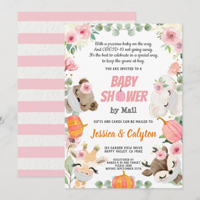Pumpkin Baby Girl Shower By Mail Woodland Animal Invitation (Front/Back)