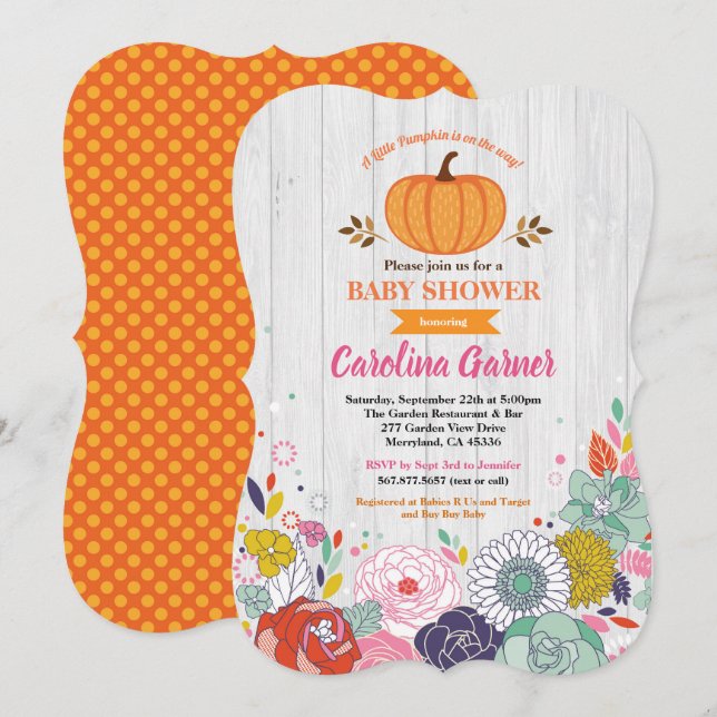 Pumpkin baby girl shower invitation flower rustic (Front/Back)