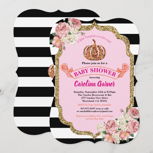 Pumpkin baby girl shower invitation pink and gold (Front/Back)