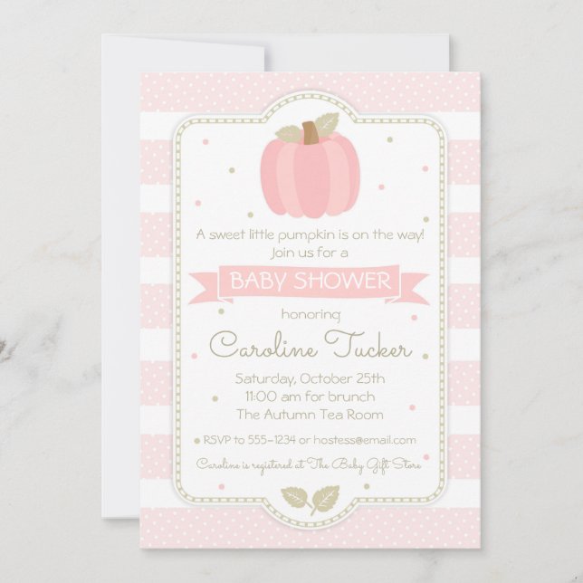 Pumpkin Baby Girl Shower Invitation - Pink Stripes (Front)