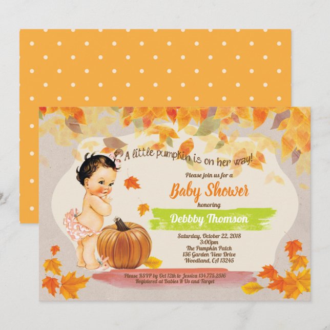 Pumpkin baby girl shower rustic vintage fall invitation (Front/Back)