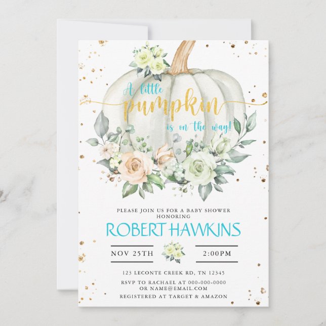 Pumpkin Baby Shower, Blue Gold Elegant Invitation (Front)