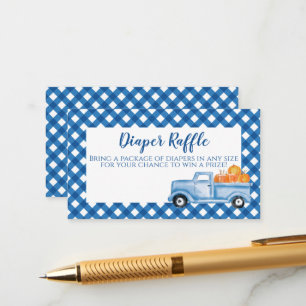 Pumpkin Baby Shower blue Plaid Truck Diaper Raffle Enclosure Card