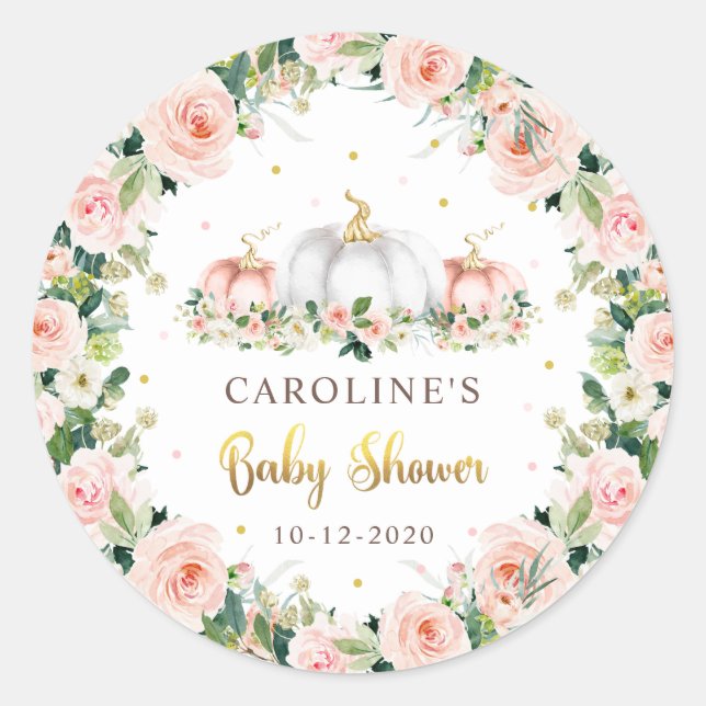 Pumpkin Baby Shower Blush Pink And Gold Favour Classic Round Sticker (Front)