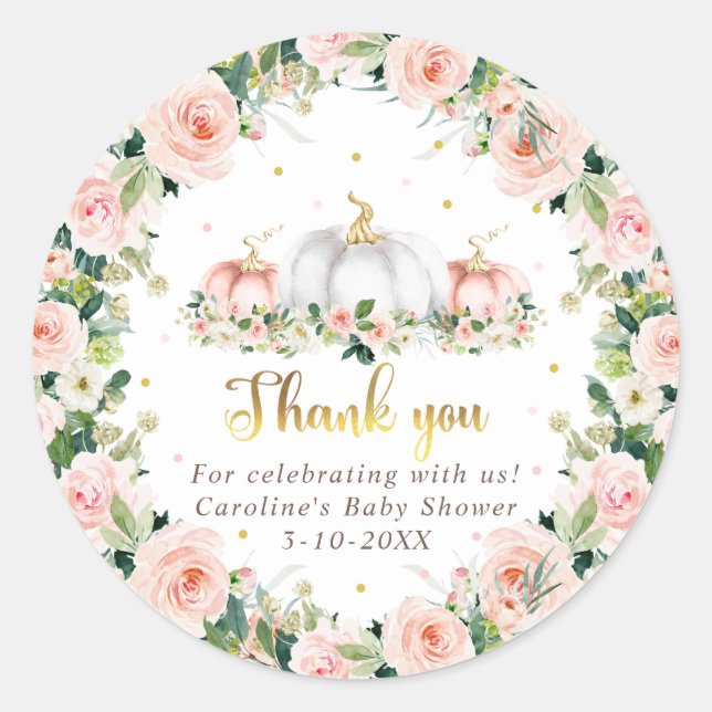 Pumpkin Baby Shower Blush Pink And Gold Favour Classic Round Sticker (Front)