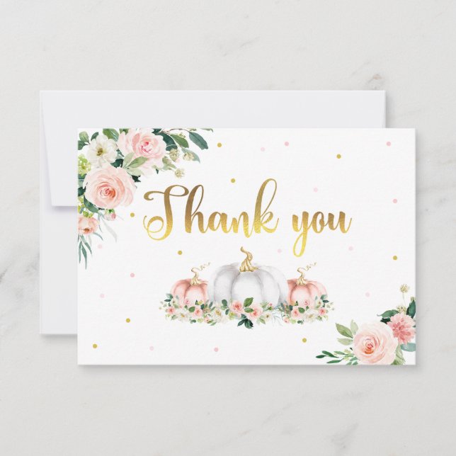 Pumpkin Baby Shower Blush Pink And Gold Thank You Card (Front)