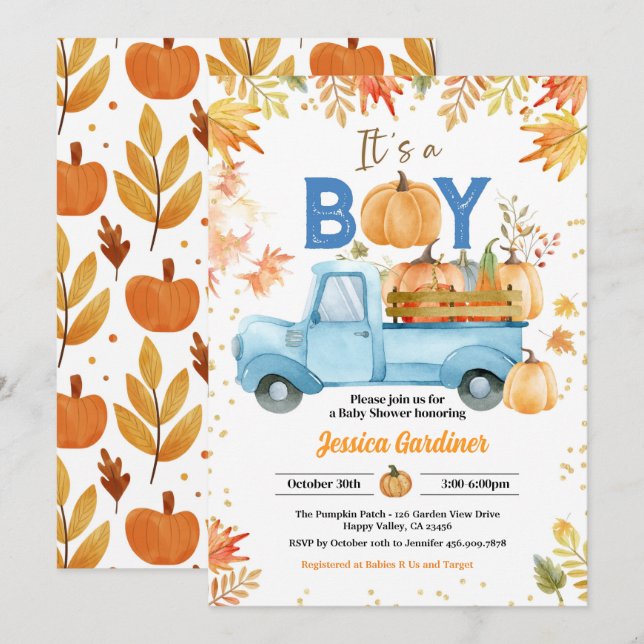 Pumpkin Baby Shower Boy Blue Truck Watercolor Invitation (Front/Back)