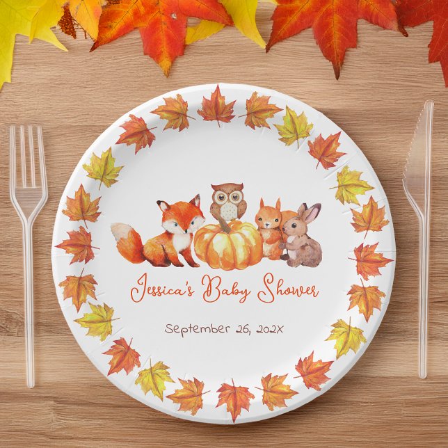 Pumpkin Baby Shower Fall Leaves Cute Fox Bunny Owl Paper Plate (Creator Uploaded)