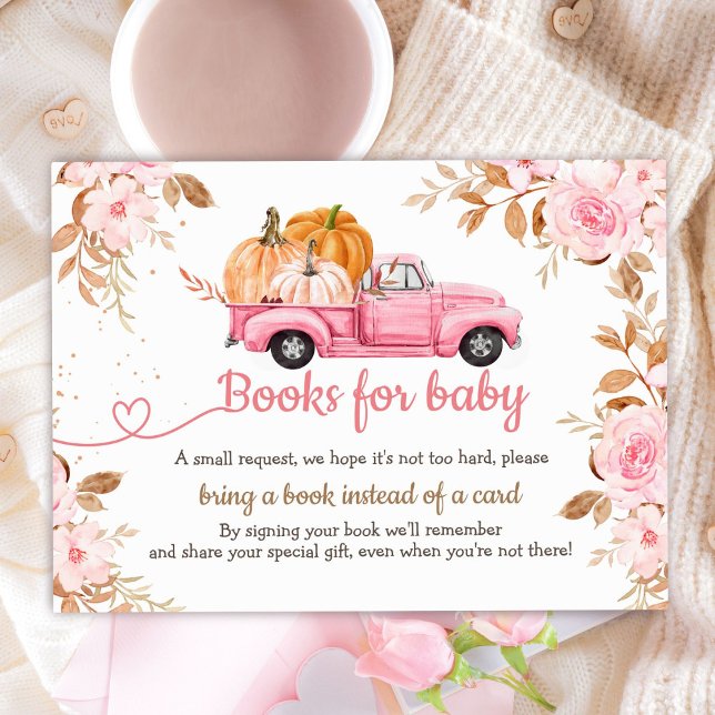 Pumpkin Baby Shower Fall Pink Truck Books for Baby Enclosure Card (Creator Uploaded)