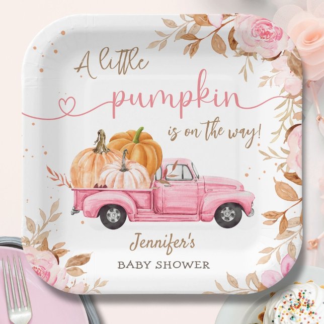 Pumpkin Baby Shower Fall Pink Truck Paper Plate (Creator Uploaded)