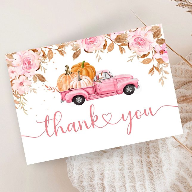 Pumpkin Baby Shower Fall Pink Truck Thank You  Enclosure Card (Creator Uploaded)
