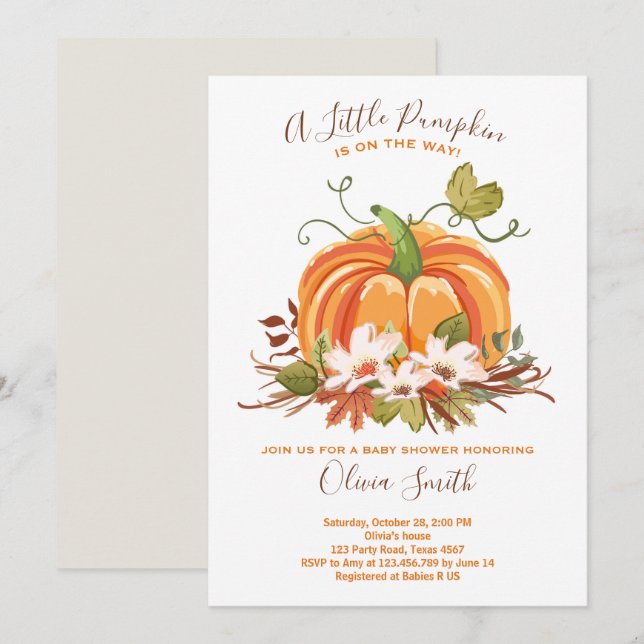 Pumpkin Baby shower invitation Autumn Fall Neutral (Front/Back)