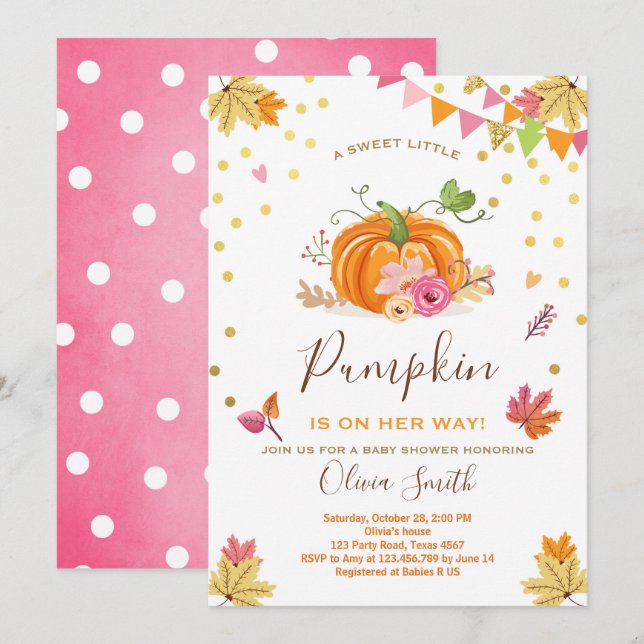 Pumpkin Baby shower invitation Autumn Fall Pink (Front/Back)