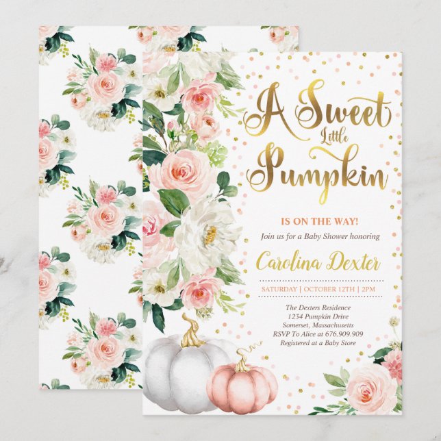 Pumpkin Baby Shower Invitation Blush Pink And Gold (Front/Back)