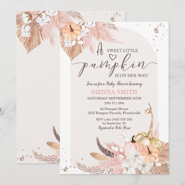 Pumpkin Baby Shower Invitation Boho Girl (Front/Back)