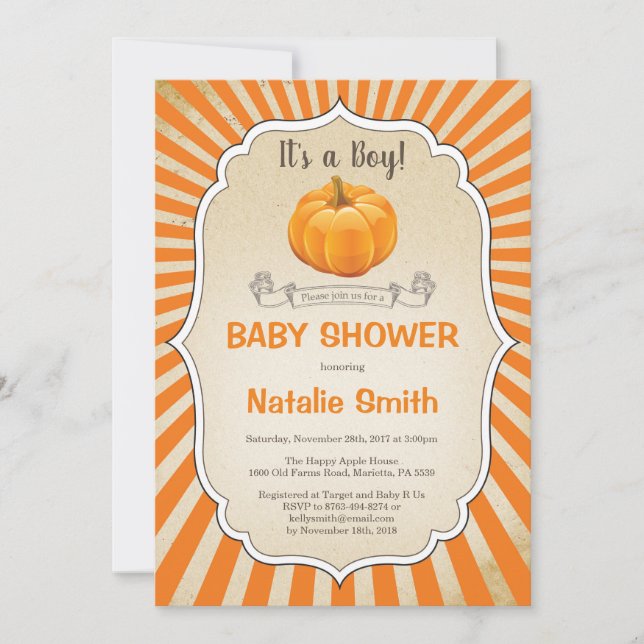 Pumpkin Baby Shower Invitation Fall Autumn Boy (Front)