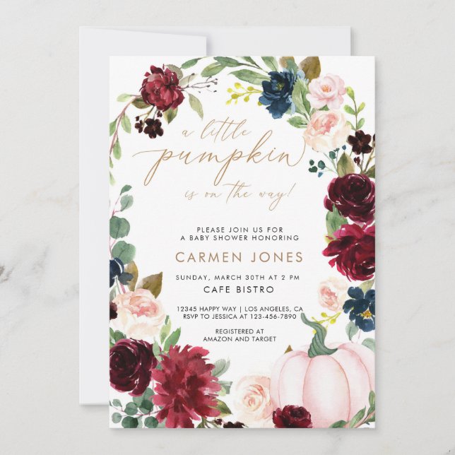 Pumpkin Baby Shower Invitation Fall Autumn Floral (Front)