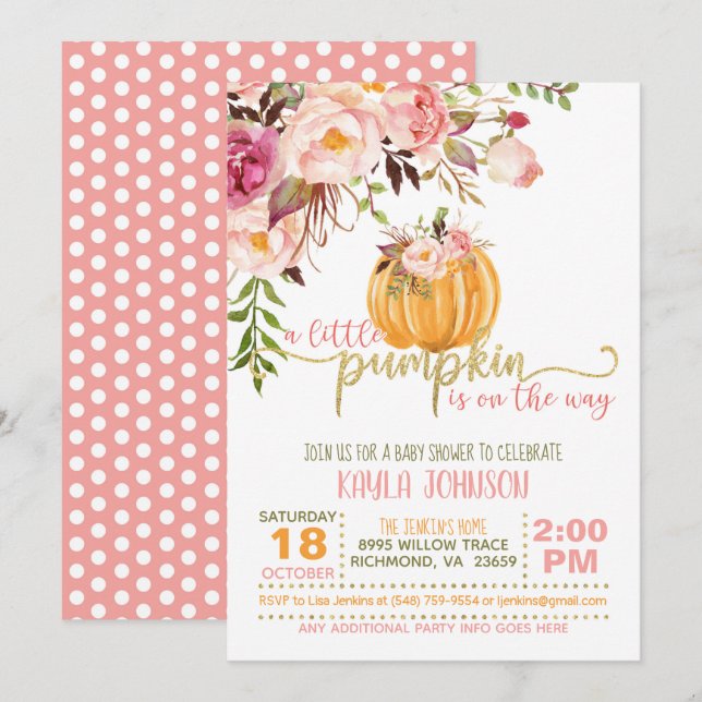 Pumpkin Baby Shower Invitation - Floral Pink Dots (Front/Back)