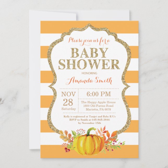 Pumpkin Baby Shower Invitation Orange and Gold (Front)