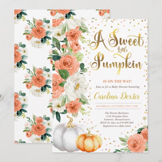 Pumpkin Baby Shower Invitation Orange Pink & Gold (Front/Back)