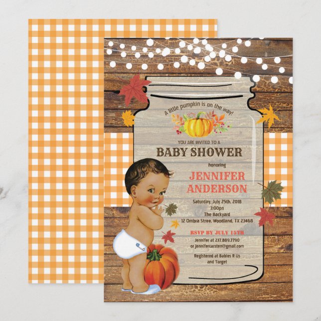 Pumpkin baby shower invitation rustic wood (Front/Back)