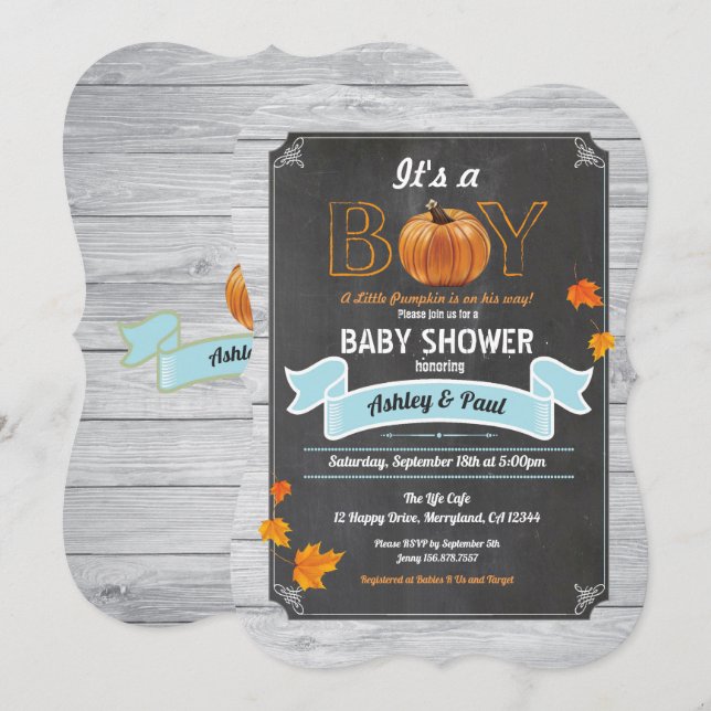 Pumpkin baby shower invitation rustic wood chalk (Front/Back)