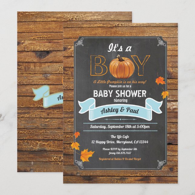 Pumpkin baby shower invitation rustic wood chalk (Front/Back)