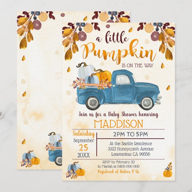 Pumpkin Baby Shower Invitation Truck Pumpkins Boy (Front/Back)