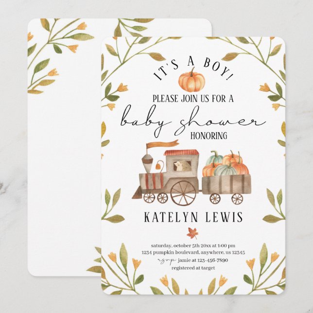 Pumpkin Baby Shower Invitation with Train (Front/Back)