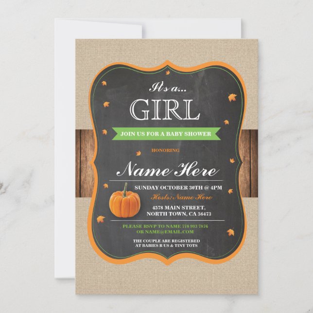 Pumpkin Baby Shower It's a Girl Party wood Invite (Front)