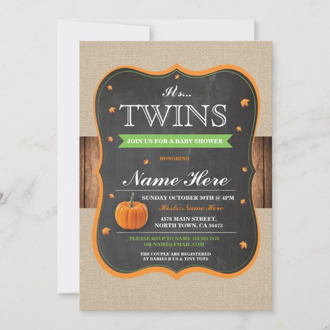 Pumpkin Baby Shower It's Twins Party wood Invite (Front)