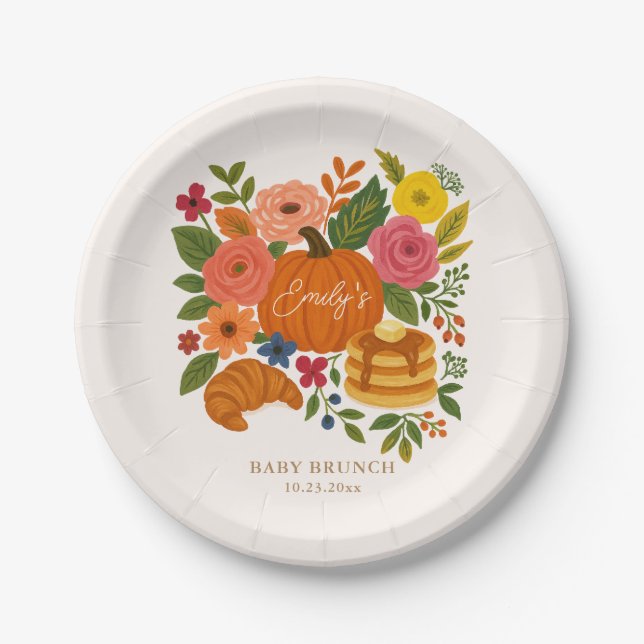 Pumpkin Baby Shower Paper Plate, Fall Floral Paper Plate (Front)